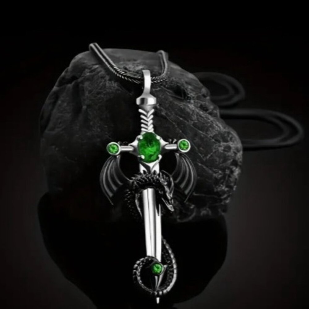 Gothic Funky Sword Dragon Pendant Necklace - Green Stone